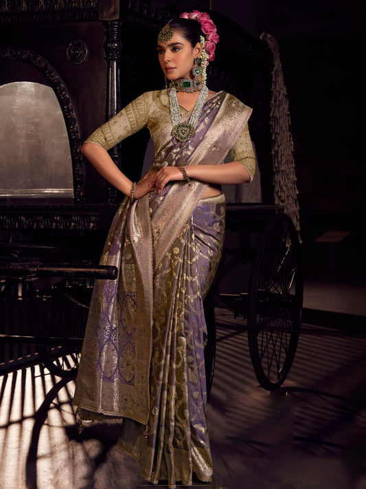 Purple Pure Viscose Tissue Silk Hand Worked Saree