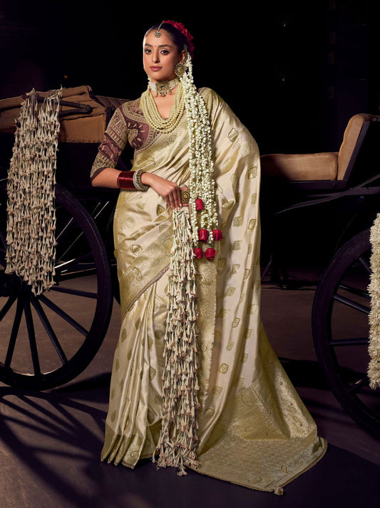 Cream Beige Pure Viscose Tissue Silk Hand Worked Saree