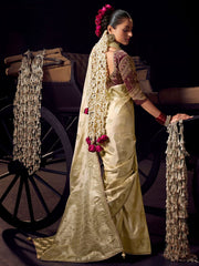 Cream Beige Pure Viscose Tissue Silk Hand Worked Saree