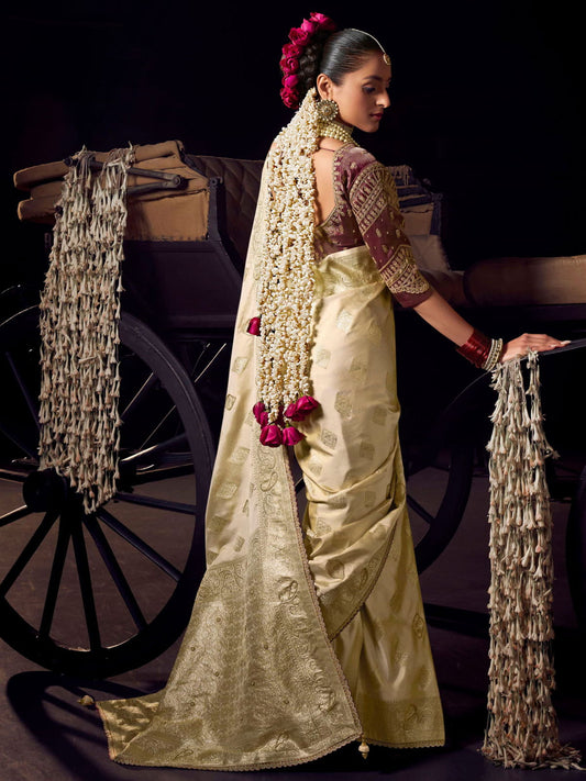Cream Beige Pure Viscose Tissue Silk Hand Worked Saree
