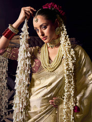 Cream Beige Pure Viscose Tissue Silk Hand Worked Saree