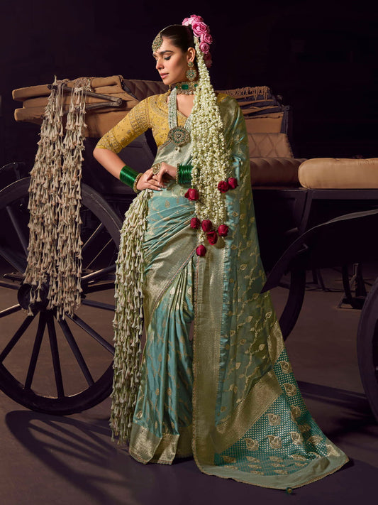 Green Pure Viscose Tissue Silk Hand Worked Saree