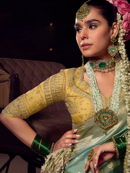 Green Pure Viscose Tissue Silk Hand Worked Saree