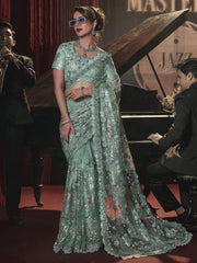 Mint Green Sequence And Applique Embroidery Wedding Saree