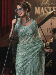 Mint Green Sequence And Applique Embroidery Wedding Saree