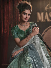 Green Sequence And Applique Embroidery Wedding Saree