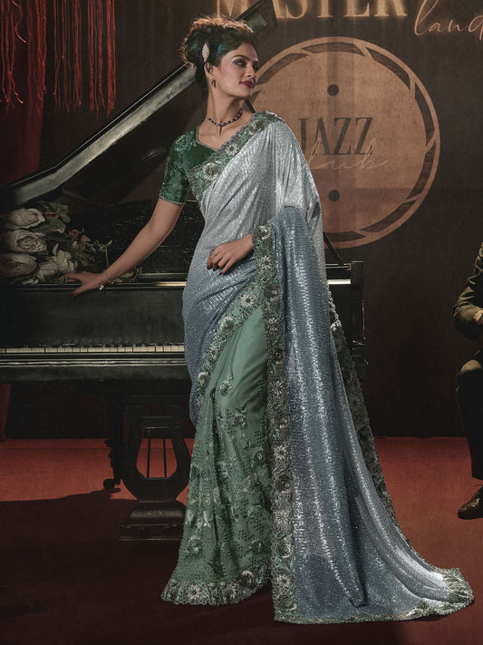Green Sequence And Applique Embroidery Wedding Saree