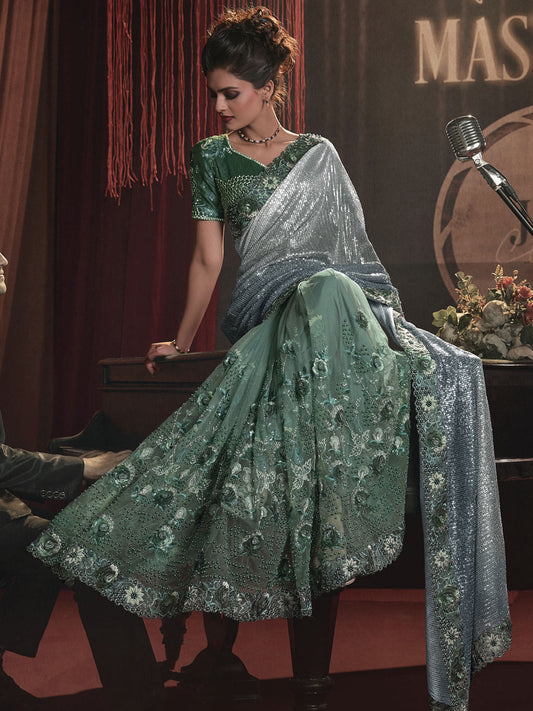 Green Sequence And Applique Embroidery Wedding Saree