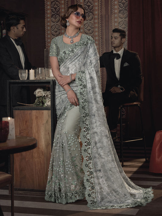 Teal Sequence And Applique Embroidery Wedding Saree