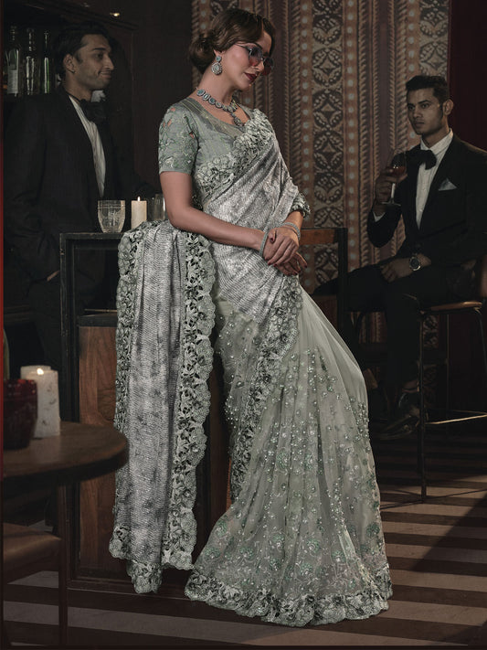 Teal Sequence And Applique Embroidery Wedding Saree