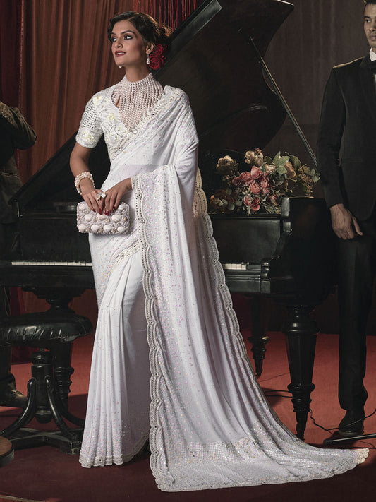 White Sequence And Applique Embroidery Wedding Saree