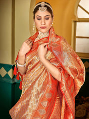 Women Orange Soft Silk Zari Woven Traditional Saree with Swaroski Diamonds