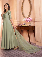 Green Embroidered Fit & Flare Georgette Ethnic Dress & Dupatta