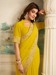 Yellow Embroidered Poly Georgette Saree