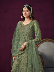 Green Net Partywear Anarkali Suit