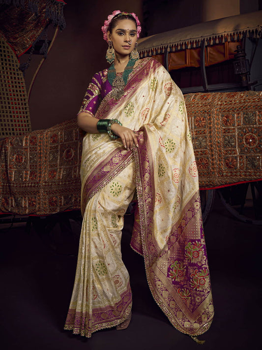 Beige Viscose Dola Saree With Hand Work Blouse
