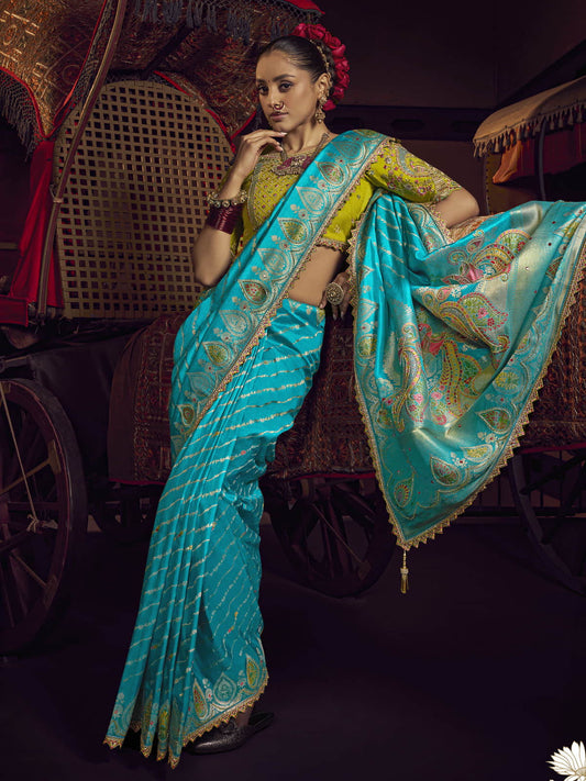 Firozi Viscose Dola Saree With Hand Work Blouse