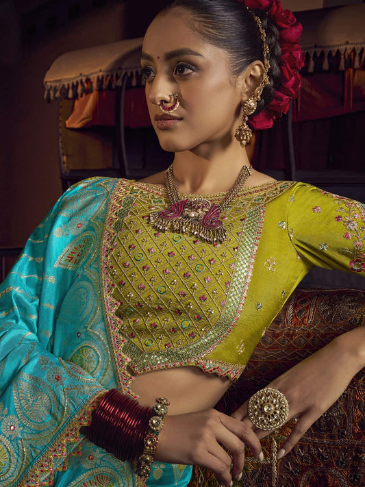 Firozi Viscose Dola Saree With Hand Work Blouse
