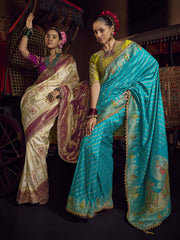 Firozi Viscose Dola Saree With Hand Work Blouse