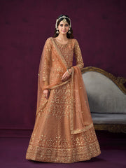 Peach Net Partywear Anarkali Suit