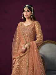 Peach Net Partywear Anarkali Suit