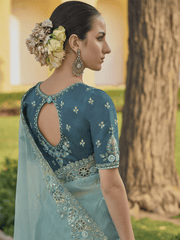 Turquoise Embroidered Organza Silk Saree