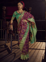 Purple and Green Viscose Dola Saree With Hand Work Blouse
