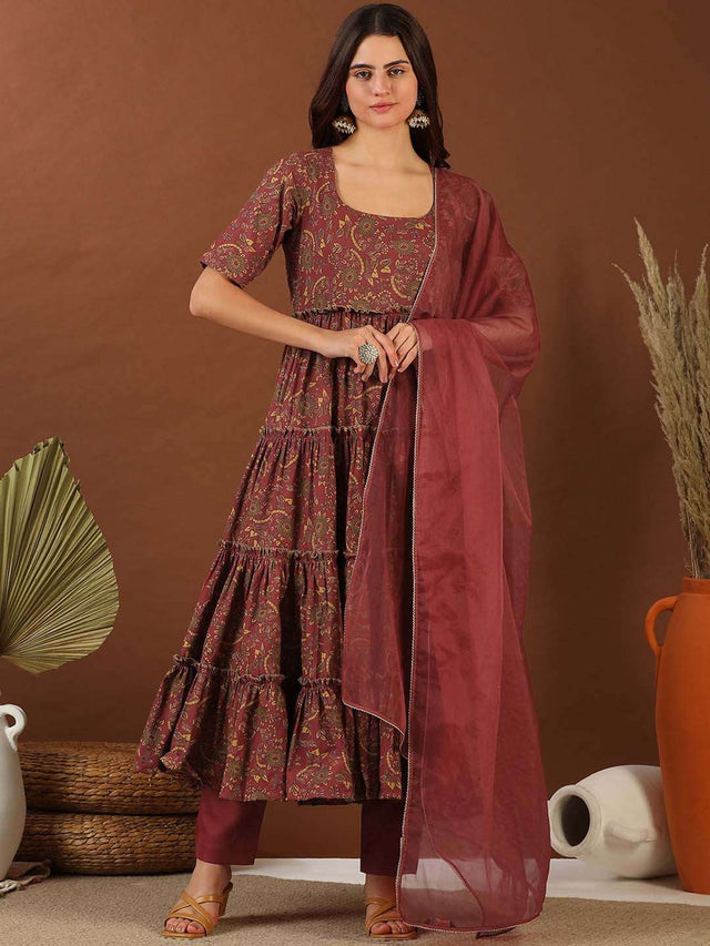 Malaika Arora Floral Printed Thread Work Fit & Flare Ethnic Dress