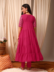 Women Embroidered Tiered Sequinned Kurta with Trousers