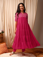 Women Embroidered Tiered Sequinned Kurta with Trousers