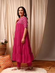 Women Embroidered Tiered Sequinned Kurta with Trousers