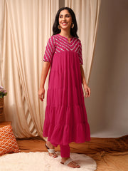 Women Embroidered Tiered Sequinned Kurta with Trousers