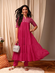 Women Embroidered Tiered Sequinned Kurta with Trousers