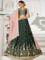 Olive colour Chiffon Sequinse embroidery Semi-Stitched Lehenga choli and Dupatta