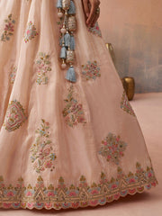Peach  Tissue Sequinned and Zari Embroidered Semi Stitched Lehenga and Unstitched Blouse With Dupatta