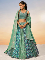 Lime Green Pure Chiffon position print with Sequins embroidery Semi-Stitched Lehenga choli & Dupatta