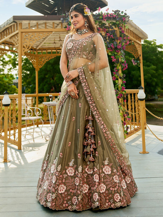 Olive colour Satin Sequinse embroidery Semi-Stitched Lehenga choli and Dupatta