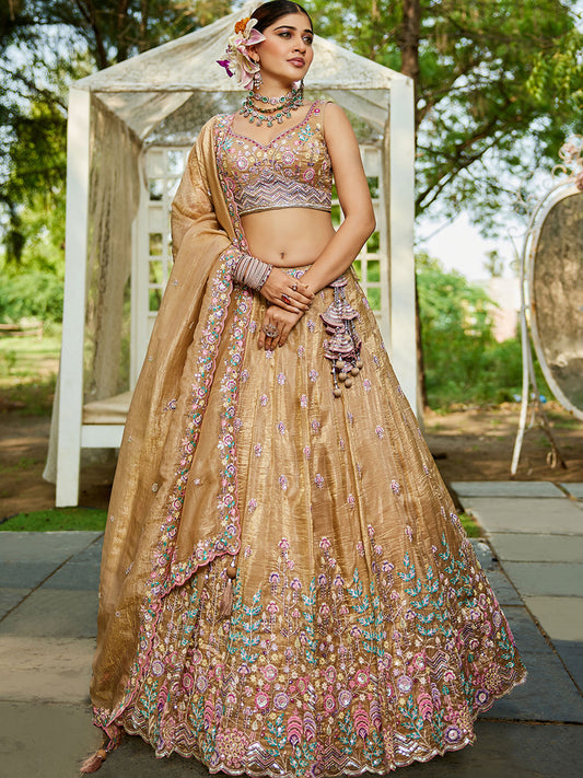 Beige colour Tissue Sequinse embroidery Semi-Stitched Lehenga choli and Dupatta