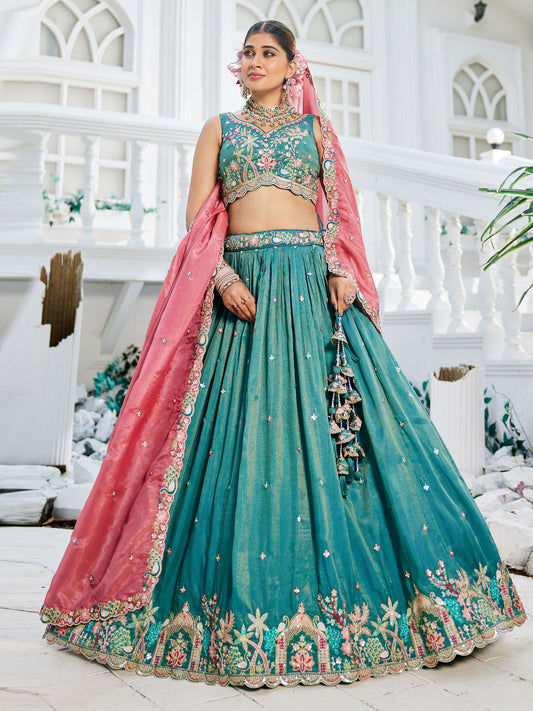 Sea Green colour Satin Sequinse embroidery Semi-Stitched Lehenga choli and Dupatta