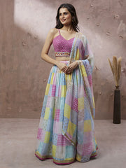 Turquoise Blue Organza Floral Printed Semi-Stitched Lehenga choli & Dupatta