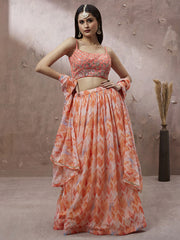 Peach Organza Floral Printed Semi-Stitched Lehenga choli & Dupatta