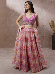 Pink Organza Floral Printed Semi-Stitched Lehenga choli & Dupatta