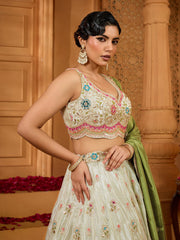 Limegreen Tissue Fabric Sequins embroidery Semi-Stitched Lehenga & Unstitched Blouse With Dupatta