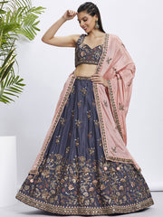 Violet Pure Chiffon Sequins and thread embroidery Semi-Stitched Lehenga choli and Dupatta