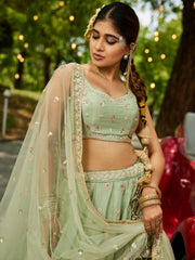 Lime Green colour Chinnon Sequinse embroidery Semi-Stitched Lehenga choli and Dupatta