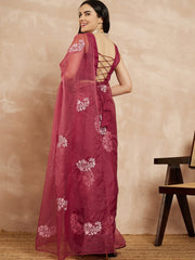 Pink Floral Embroidered Organza Saree