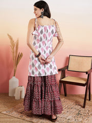 White & Pink Ethnic Motifs Printed Straight Pure Cotton Kurta With Sharara