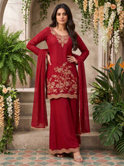 Maroon All Over Beads Embroidery Palazzo Style Suit