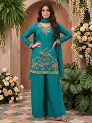Turquoise All Over Beads Embroidery Palazzo Style Suit