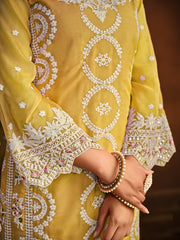 Yellow Embroidered Partywear Straight-Cut-Suit